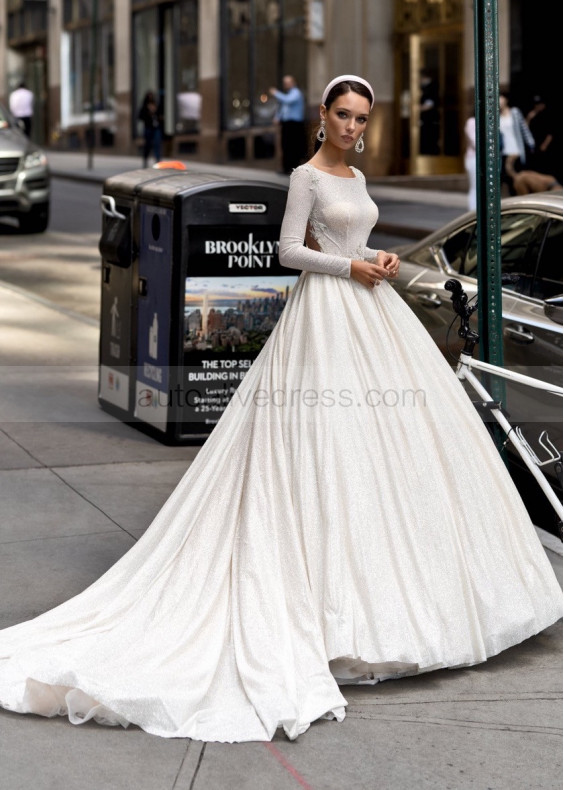 Long Sleeve Ivory Shimmering Tulle Wedding Dress